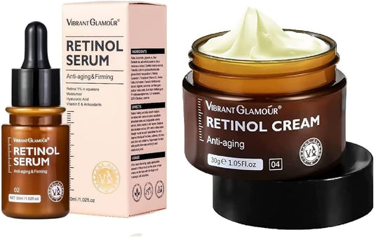 GLAMOUR Anti Aging Retinol Cream and Serum Combo，Face Cream Collagen Anti-Aging，Collagen Firming Serum, Melasma Lightening Anti-wrinkle Cream, Skin Tightening Lifting Hydrating