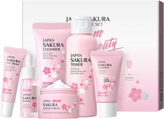 Skin Care Set - Facial Skin Care Sets and Kits - 6Pcs Moisturizing Facial Skin Care Kit for Women, Brightening Total Skincare Set with Sakura Extracts Soptec